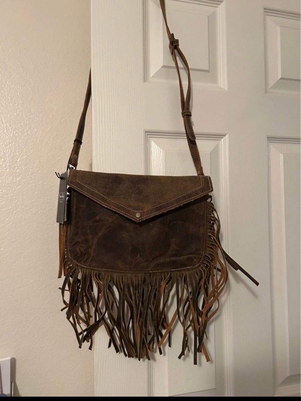 Myra Bag Brown Fringe Leather Crossbody - Distressed Style